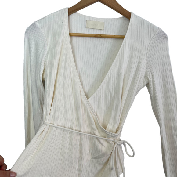 CAPULET Size S Prima White Knit Bodysuit Ribbed Long Sleeve Wrap Front Tie Top - Picture 8 of 13